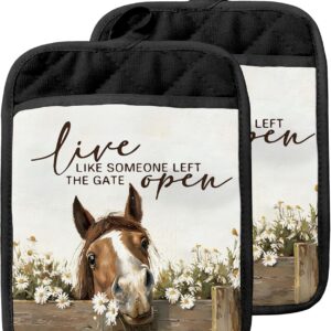 Farmhouse Horse Pot Holders with Pockets, Live Like Someone Left The Gate Open Oven Pot Holders Heat Resistant Oven Mitts Hot Pads for Kitchen Baking Cooking